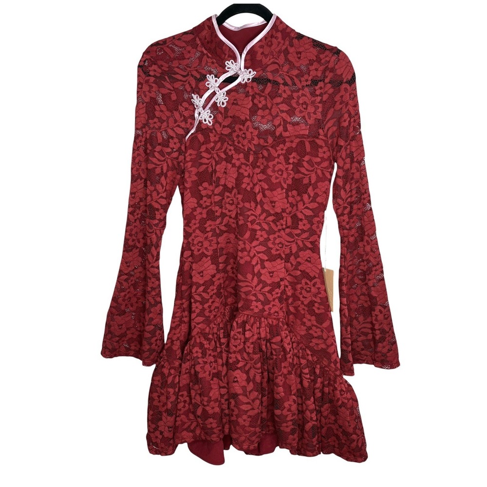 Popflex Mandarin Collar Festival Dress Large Lace Sheer Coquette Mini Red NEW